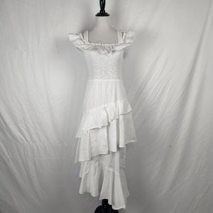Chelsea 28 Ruffle Smocked Cold Shoulder Crisp White Stretch Dress, XS x small